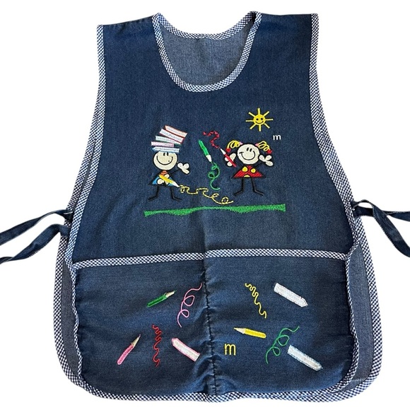 Teacher Apron Art Class Pre-K Kindergarten Smock Embroidered Handmade Blue Denim - Picture 8 of 8